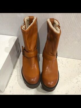 Ross & Snow Lucky Waterproof Cognac Leather Moto Ankle Boots Womens Size 7 Brown